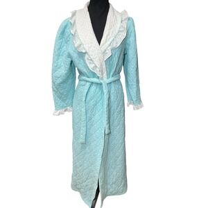 Vintage 70s Kimberly Laine Blue Quilted Robe Housecoat Size Large USA Long